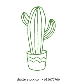 Vector cactus illustration, hand drawn sketch with cactus in flowerpot. Mexican style design with desert succulent