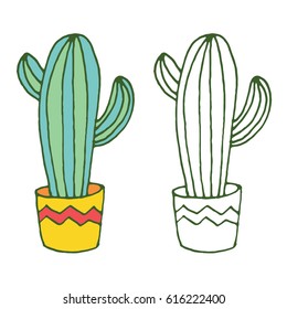 Vector cactus illustration, hand drawn sketch set with cactuses in flowerpot. Mexican style design with desert succulent, colored and outline
