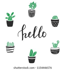 Vector cactus illustration with lettering Hello. Cute hand drawn green cacti in pots for poster, card, cover, bag and t-shirt print.