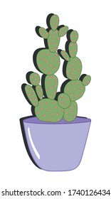 Vector cactus illustration with pink dots. Cartoon flat style. Green cactus flower in purple pot. Design for stickers, decoration.