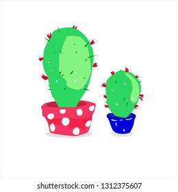 Vector cactus illustration. Two cute small potted houseplants.