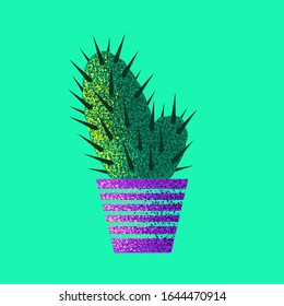 Vector cactus on mint color background.  Succulent in pot. 