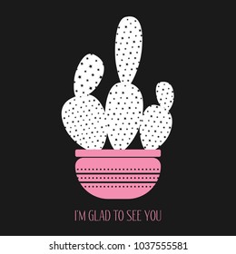 Vector Cactus in a Pink Pot on a Dark Background. Creative Vector Template with Text in Minimalism Style. White Cactus Isolated for Card, Invitation, Paper, Postcard, Fabric, Textile or Your Project.