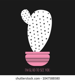 Vector Cactus in a Pink Pot on a Dark Background. Creative Vector Template with Text in Minimalism Style. White Cactus Isolated for Card, Invitation, Paper, Postcard, Fabric, Textile or Your Project.