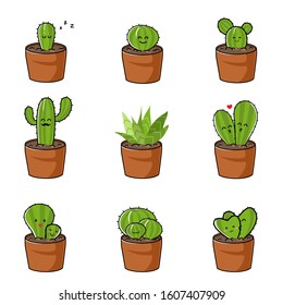 Vector of cactus in pot set. Cactus icon in a flat style. Home plants cactus in pots