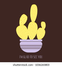 Vector Cactus in a Purple Pot on a Brown Background. Creative Vector Template with Text in Minimalism Style. Cactus Isolated for Card, Invitation, Paper, Postcard, Fabric, Textile or Your Project.