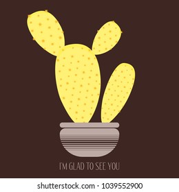 Vector Cactus in a Purple Pot on a Brown Background. Creative Vector Template with Text in Minimalism Style. Cactus Isolated for Card, Invitation, Paper, Postcard, Fabric, Textile or Your Project.