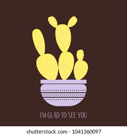 Vector Cactus in a Purple Pot on a Brown Background. Creative Vector Template with Text in Minimalism Style. Cactus Isolated for Card, Invitation, Paper, Postcard, Fabric, Textile or Your Project.