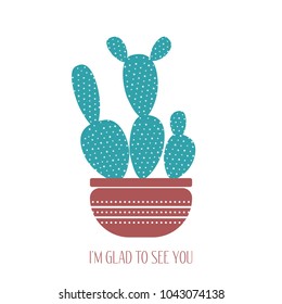 Vector Cactus in a Red Pot on a White Background. Creative Vector Template with Text. Cactus Isolated for Card, Invitation, Paper, Postcard, Fabric, Textile, Congratulations or Your Project.