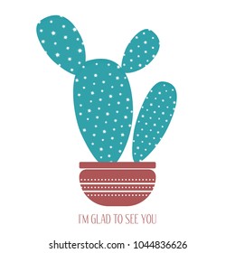 Vector Cactus in a Red Pot on a White Background. Creative Vector Template with Text. Cactus Isolated for Card, Invitation, Paper, Postcard, Fabric, Textile, Congratulations or Your Project.