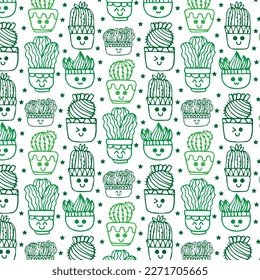 Vector cactus seamless pattern. Kawaii cacti with fun faces. Ideal for baby textiles or wrapping paper.