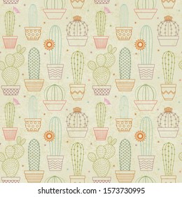 Vector cactus seamless pattern on beige background.