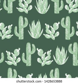 Vector cactus seamless pattern with opuntia, aloe, prickly pear. Green repeated texture with row of cacti. Natural hand drawing background with desert plants.