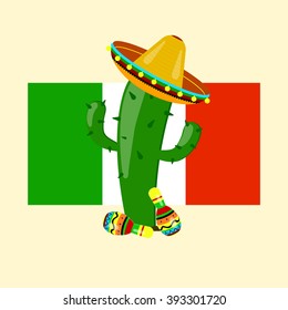 Vector cactus in a sombrero with maracas on the flag of Mexico