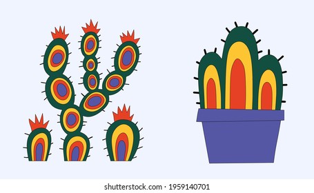 vector cactus sticker - in a pot and in the desert. Funky groove mexico isolated cactus. Wild west and hippy 60s and 70s. Vintage summer tattoo template.