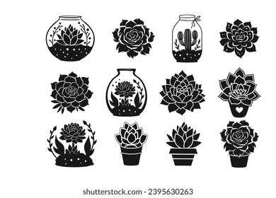 Vector cactus succulent silhouette set cutout nature black flower in a pot terrarium collection