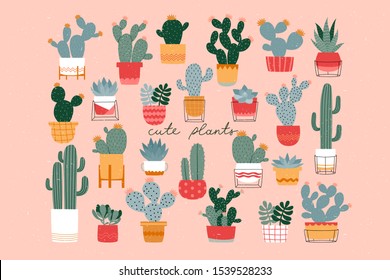 Vector cactus and succulents set. Colorful cacti set for cards, invitations and posters. Cacti and succulents in simple cartoon stytle