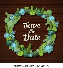 Vector cactus and succulents wreath. Holiday vector illustration. Colorful design elements for for illustrations, greeting cards and wedding invitations.