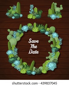 Vector cactus and succulents wreath. Holiday vector illustration. Colorful design elements for for illustrations, greeting cards and wedding invitations.