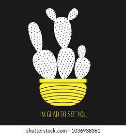 Vector Cactus in a Yellow Pot on a Dark Background. Creative Vector Template with Text in Minimalism Style. White Cactus Isolated for Card, Invitation, Paper, Postcard, Fabric, Textile, Your Project.