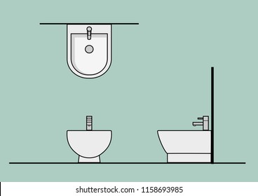 Vector CAD Blocks style Sanitary ware in Top Front Side view used in architecture presentation
