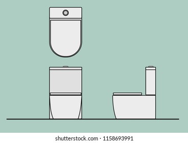 Vector CAD Blocks style Sanitary ware in Top Front Side view used in architecture presentation