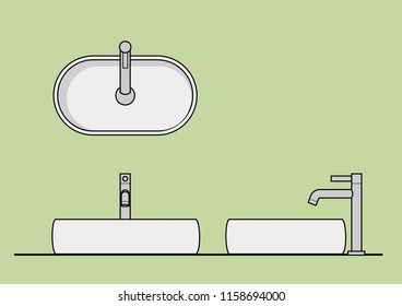 Vector CAD Blocks style Sanitary ware in Top Front Side view used in architecture presentation