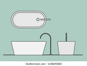 Vector CAD Blocks style Sanitary ware in Top Front Side view used in architecture presentation