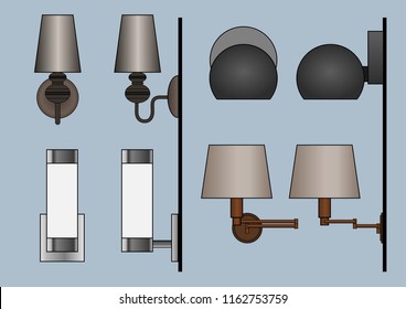 Vector CAD Blocks style set of Wall Lamp front & side view used in architecture presentation