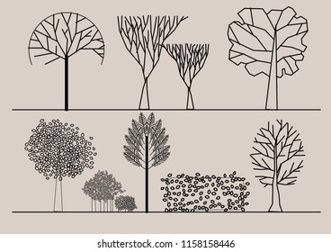Vector CAD Blocks style Trees in Front view for Architecture presentation