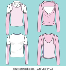 Vector CAD crop top fashion, women's short sleeve t-shirt technical shirt, slim fit with open back blouse template, sketch, flat. Jersey fabric upper with front, rear view, white