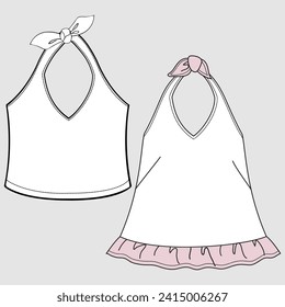 Vector CAD fashion short sleeve, women's round neck blouse with bow detail technical drawing, flat, sketch, mock up, template. Jersey fabric or woven t-shirt with front, back view, white color