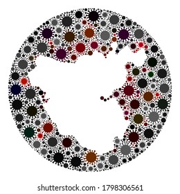 Collage del virus de la gripe en la provincia de Vector Cádiz. La infección ataca el territorio de cuarentena desde el espacio. Collage de mapas de la provincia de Hole Circle Cadiz creado con elementos virales.