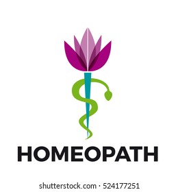 Vector caduceus homeopathy, alternative medicine. Snake, mortar and flower