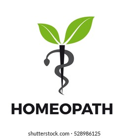 Vector caduceus homeopathy, alternative medicine. Snake, mortar and leaves