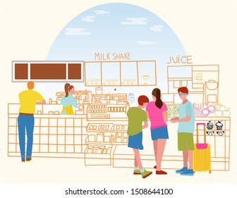 Vector Café bar en el interior de arte gráfico de línea aeroportuaria y personas en ilustración de estilo plano. Cafetería con bar de jugos, mostrador, barista sirve café y Clientes de pie. 