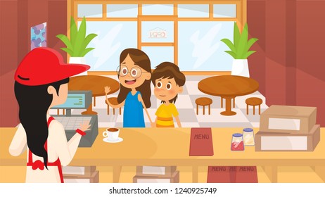 Vector Cafe Bar Interior. Cashier Girl.