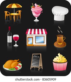 Vector cafe icon set isolated on black background.