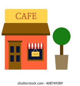 Vector cafe illustration. Cafe building facade. Flat design. Orange building and green tree. Isolated on white background.