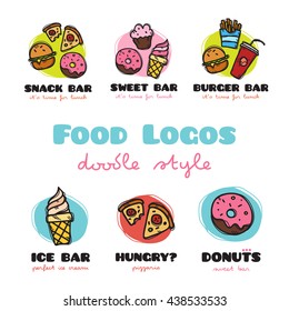 Vector cafe logo collection. Funny doodle style symbols for fast food restaurants.