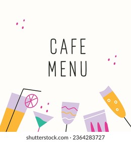 Vector cafe menu design with cocktail glasses. Modern flat cover design with white background.