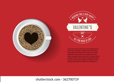 Vector cafe menu flyer, advertisement, menu template. Valentine's day greeitng with sample text. White coffee cup with foam forming heart shape. Overhead point of view, perspective. 