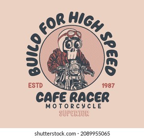 vector cafe racer and skull rider illustration for t shirts print. cartoon  sketch