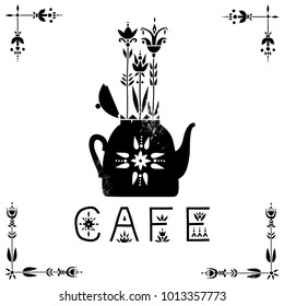 Vector cafe signboard. Black teapot with growing plants in ethnic style.