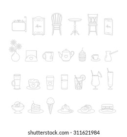 Vector cafeteria linear icon set. Drinks and desserts.