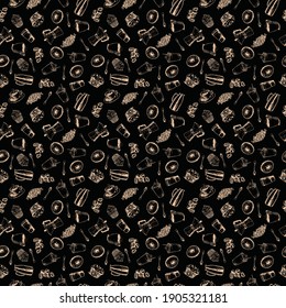 Vector cafeteria pattern with black background. Cafeteria pattern with coffee mug, donuts, coffee beans and spoon
