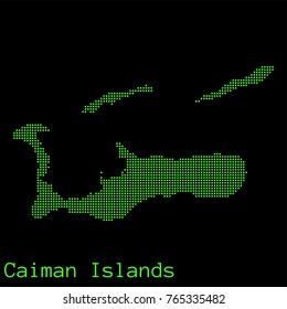 Vector Caiman Islands map dotted silhouette with green dots on a black background (as on old ancient computers running DOS)