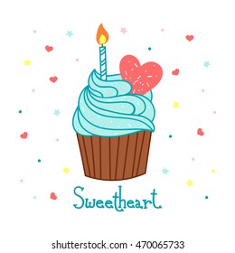 Vector cake background. Hand drawn food. Template for greeting card, postcard or another print. Sweet cupcake with birthday candle design backdrop. Cute pastry food illustration.
