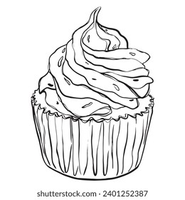 Vector cake Birthday party. Isolated engraved style object. Linear drawing in black and white colors for icon holiday. Hand drawing sketch of design on white isolated background