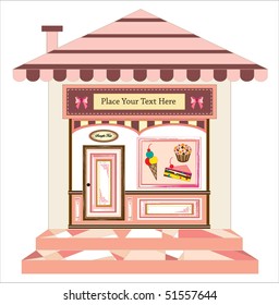 vector of cake cafe with signs on door and in front, ready for your text